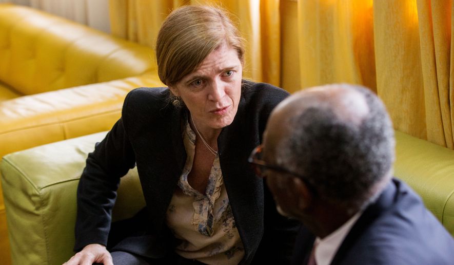 U.S. Ambassador to the United Nations Samantha Power speaks with Cameroon External Relations Minister Mbella Mbella, right, after arriving at Yaounde Nsimalen International Airport in Yaounde, Cameroon, Sunday, April 17, 2016. Power is visiting Cameroon, Chad and Nigeria to highlight the growing threat Boko Haram poses to the Lake Chad Basin region. (AP Photo/Andrew Harnik)