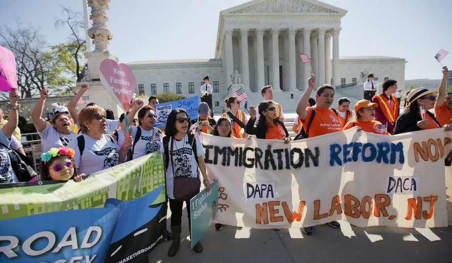 Supporters of fair immigration reform gather in front of the Supreme Court in Washington, Monday, April 18, 2016. The Supreme Court is taking up an important dispute over immigration that could affect millions of people who are living in the country illegally. The Obama administration is asking the justices in arguments today to allow it to put in place two programs that could shield roughly 4 million people from deportation and make them eligible to work in the United States. (AP Photo/Pablo Martinez Monsivais)