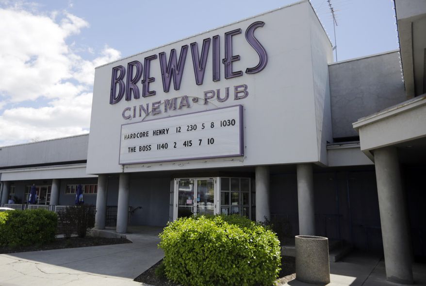 Brewvies Cinema Pub is viewed Monday, April 18, 2016, in Salt Lake City. Utah alcohol bosses have filed a complaint and will consider revoking the liquor license of a movie theater it says violated a state obscenity law by serving drinks while screening "Deadpool," which features simulated sex scenes. The theater said the law is unconstitutional and has threatened to challenge it in court if the complaint is not dropped. (AP Photo/Rick Bowmer)