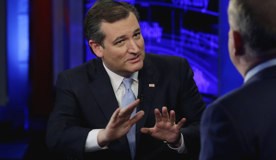 Republican presidential candidate Ted Cruz is interviewed by host Bill O&#x27;Reilly during &quot;The O&#x27;Reilly Factor&quot; television program, on the Fox News Channel in New York, Monday, April 18, 2016. (AP Photo/Richard Drew)