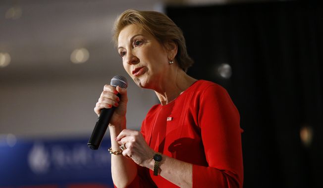 Carly Fiorina speaks during a campaign stop by Republican presidential candidate Sen. Ted Cruz, R-Texas, Wednesday, April 20, 2016, at the Antique Automobile Club of America Museum in Hershey, Pa. (AP Photo/Julio Cortez) ** FILE **