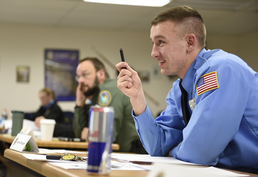 Cadet Andrew Woolsey speaks up during class Tuesday, March 15, 2016, at the College of Southern Idaho in Twin Falls, Idaho. Anti-police sentiment and neighboring states’ legalized marijuana are contributing to a dramatic reduction in enrollment numbers in Idaho law enforcement programs. The decrease in new officers can leave departments scrambling to fill vacancies, especially in small communities that struggle to compete with larger cities’ wages. (Drew Nash/The Times-News via AP)