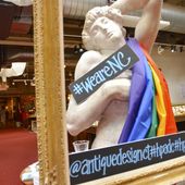 In this April 16, 2016, photo, a statue draped in a rainbow flag showing support against HB2, North Carolina&#x27;s law on LGBT rights, is displayed at Whitehall Antiques showroom located in the Suites at Market Square, in High Point, N.C. (Jessica Nuzzo/The Enterprise via AP) **FILE**
