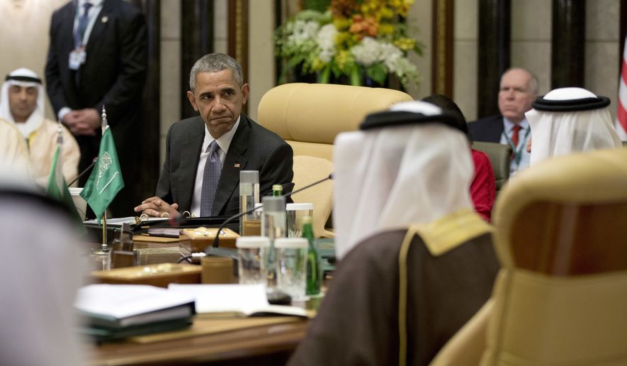 President Obama looks to Saudi Arabia&#39;s King Salman as he speaks during the Gulf Cooperation Council Summit in Riyadh, Saudi Arabia, on April 21, 2016. (Associated Press) **FILE**