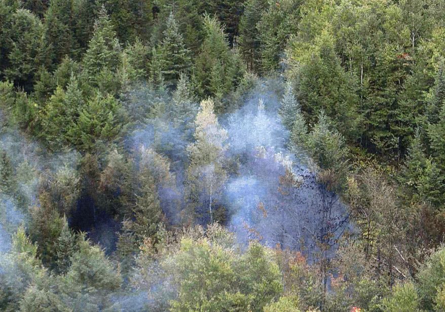 In this Sept. 23, 2009 photo released by the U.S. Attorney's Office, a fire set by fleeing workers burns in a forest where authorities seized $9 million worth of marijuana in Township 37, Maine. Three men convicted in the enterprise that produced one of the biggest marijuana seizures in state history were sentenced ranging from 5-14 years Thursday, April 21, 2016, in U.S. District Court in Bangor, Maine. (U.S. Attorney's Office via AP)