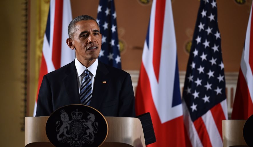 US President Barack Obama speaks during a press conference at the Foreign and Commonwealth Office in central London, Friday April, 22, 2016, with Britain&#39;s Prime Minister David Cameron, not pictured, following their talks at Downing Street.  Obama stepped into Britain&#39;s debate about EU membership and many other topics during his short visit to the UK.  (Ben Stansall / Pool via AP)