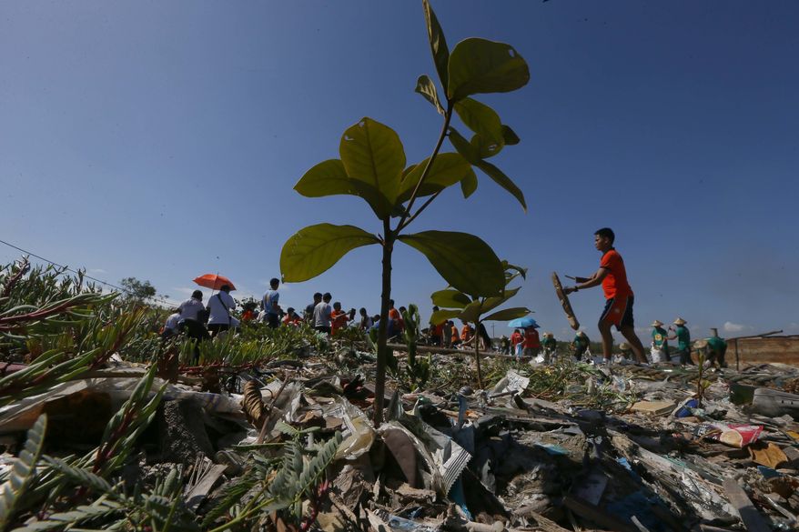 Environmentalists conduct a coastal clean up to mark World Earth Day Friday, April 22, 2016 at a bird sanctuary known as "Freedom Island" in suburban Las Pinas city, south of Manila, Philippines. Earth Day is celebrated in over 190 countries worldwide with this year's theme of encouraging people to plant more trees to save Mother Earth.(AP Photo/Bullit Marquez)