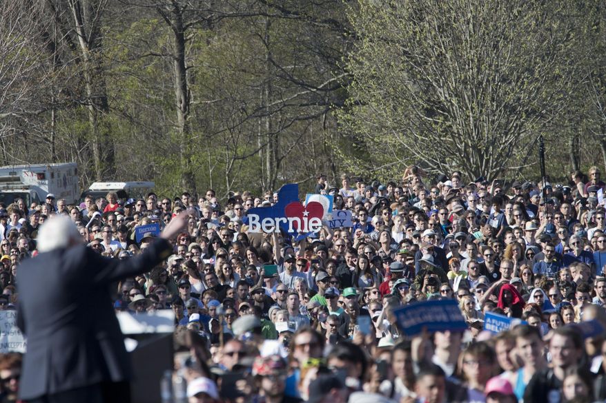 FILE - In this April 17, 2016 file photo, Democratic presidential candidate Bernie Sanders speaks to supporters during a campaign rally in Brooklyn's Prospect Park, in the Brooklyn borough of New York. New York City's Board of Elections, long a target of complaints, came under fire as followers of Bernie Sanders, many from Sanders' hometown borough of Brooklyn, said they were unable to vote in the Democratic primary. The New York Board of Elections has suspended its chief clerk in Brooklyn without pay amid questions into whether she followed proper procedures in what was supposed to be a routine housecleaning of voter registration lists. (AP Photo/Mary Altaffer, File)