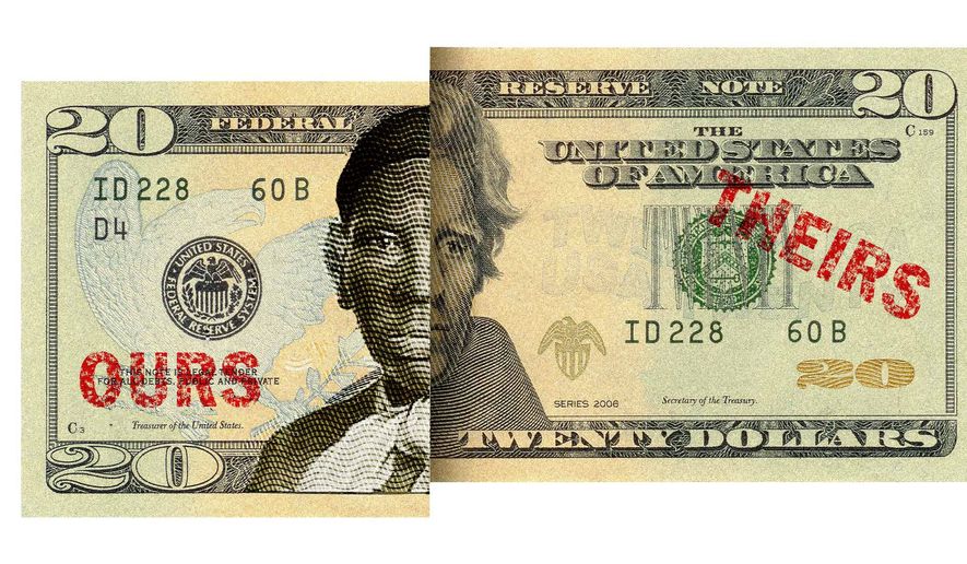 Illustration on the politicization of the currency by Alexander Hunter/The Washington Times