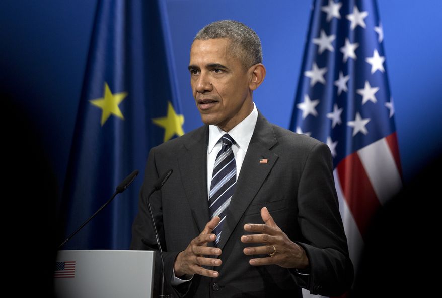 US President Barack Obama speaks during a joined news conference with German&amp;#160;Chancellor Angela Merkel at Schloss Herrenhausen in Hannover, Germany, Sunday, April 24, 2016. President Barack Obama delivered a strong defense of international trade deals Sunday in the face of sharp opposition, both foreign and domestic, declaring that is &amp;#8220;indisputable&amp;#8221; that such pacts strengthen the American and global economies and make U.S. businesses more competitive worldwide. (AP Photo/Carolyn Kaster)
