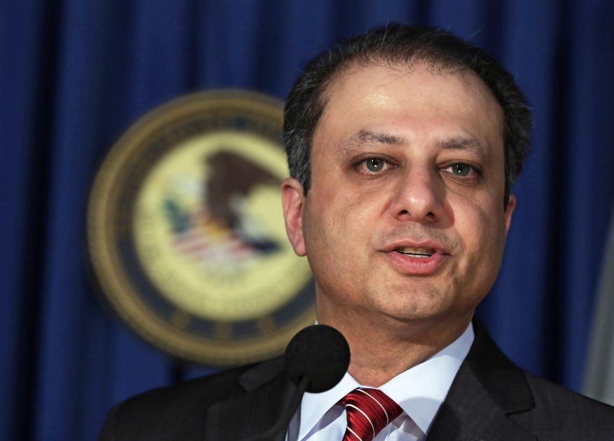 FILE- In this May 28, 2013, file photo, Preet Bharara, U.S. Attorney for the Southern District of New York, addresses a news conference in New York. A series of loosely related public corruption investigations which Bharara coordinated have spilled into public view. Targets include high-ranking New York Police Department officials, the union representing New York City jail guards, and the political fundraising activities of several people with ties to New York City Mayor Bill de Blasio. (AP Photo/Richard Drew, File)