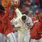Washington Nationals center fielder Chris Heisey, center, is doused with liquid after he hit a walk off home run during the 16th inning of an interleague baseball game against the Minnesota Twins, Sunday, April 24, 2016, in Washington. The Nationals won 6-5 in 16 innings. (AP Photo/Nick Wass)