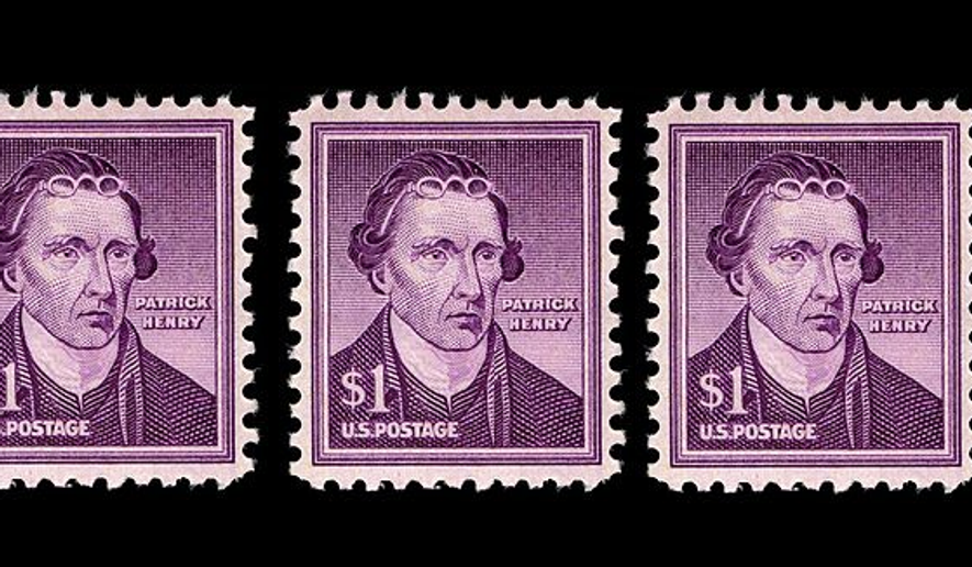 U.S. stamp of Patrick Henry. Image created by Scott Lamb using image of stamp from Wikimedia.