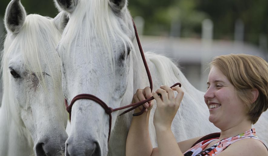 Devan Horn puts a bridle on Montego during a visit, where a handful of the injured horses are being kept, Thursday, April 21, 2016, in Humble, Texas. Horn, along with several other volunteers jumped into the water flowing out of Cypress Creek on April 18, to untangle and rescue horses being swept away by the rushing water. (Mark Mulligan/Houston Chronicle via AP) MANDATORY CREDIT