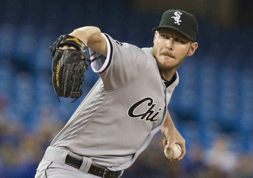 Chicago White Sox starting pitcher Chris Sale throws against the Toronto Blue Jays during the first inning of a baseball game Tuesday, April 26, 2016, in Toronto. (Fred Thornhill/The Canadian Press via AP)