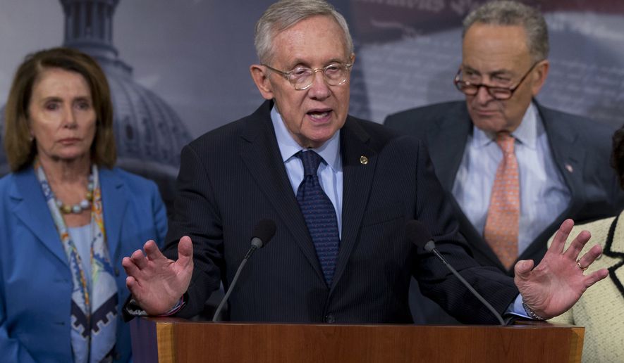 Senate Minority Leader Sen. Harry Reid of Nev., joined by House Minority Leader Nancy Pelosi of Calif., left and Sen. Charles Schumer, D-N.Y., speaks during a news conference on Capitol Hill in Washington, Wednesday, April 27, 2016, to call on congressional Republicans to approve President Barack Obama&#x27;s emergency supplemental request to fight the Zika virus. (Associated Press) **FILE**