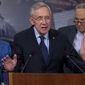 Senate Minority Leader Sen. Harry Reid of Nev., joined by House Minority Leader Nancy Pelosi of Calif., left and Sen. Charles Schumer, D-N.Y., speaks during a news conference on Capitol Hill in Washington, Wednesday, April 27, 2016, to call on congressional Republicans to approve President Barack Obama&#39;s emergency supplemental request to fight the Zika virus. (Associated Press) **FILE**