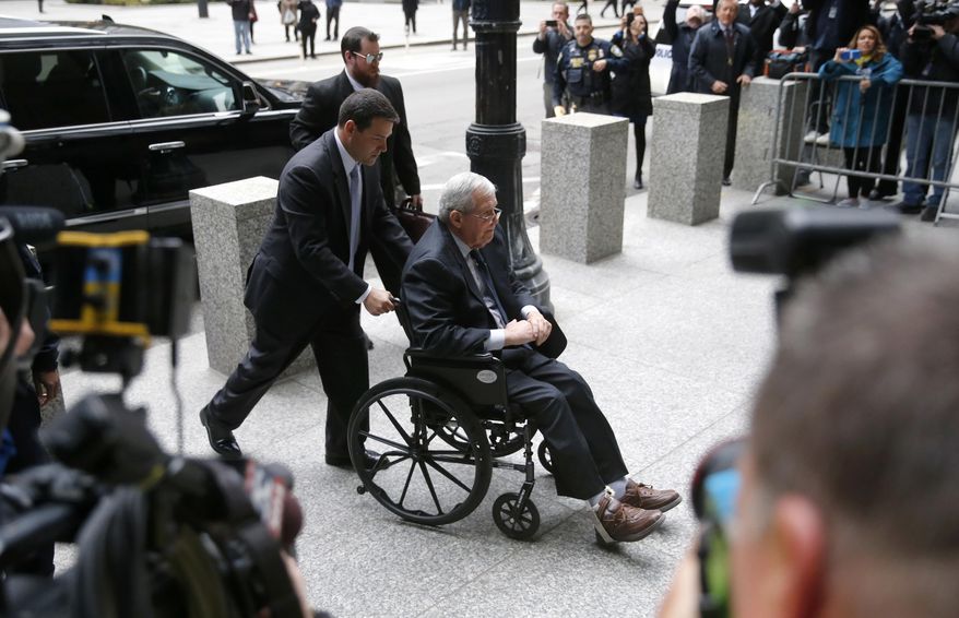 Former House Speaker Dennis Hastert arrives at the federal courthouse Wednesday, April 27, 2016, in Chicago, for his sentencing on federal banking charges which he pled guilty to last year. (AP Photo/Charles Rex Arbogast)