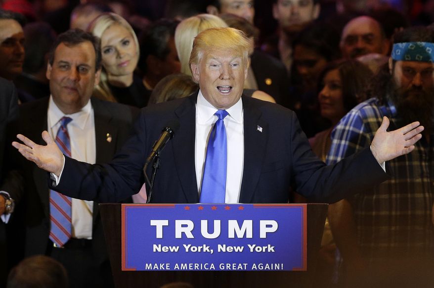 FILE - In this Tuesday, April 26, 2016 file photo, Republican presidential candidate Donald Trump speaks during a primary night news conference, in New York. Trump's highly anticipated foreign policy speech will test whether the Republican presidential front-runner known for his raucous rallies and eyebrow-raising statements can present a more presidential persona as he works to coalesce a still-weary Republican establishment around his candidacy. Trump's campaign says his speech Wednesday will focus on "several critical foreign policy issues" such as trade, the global economy and national security. (AP Photo/Julie Jacobson, File)