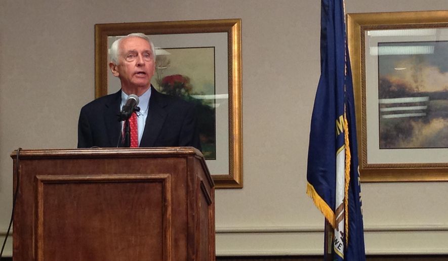 Former Democratic Gov. Steve Beshear speaks to reporters in Frankfort, Ky., on Wednesday, April 27, 2016. Saying Gov. Matt Bevin had declared war on him and his family, Beshear responded with a blistering critique of the new administration on Wednesday that included allegations of “selling state government to the highest bidder.” (AP Photo/Adam Beam)