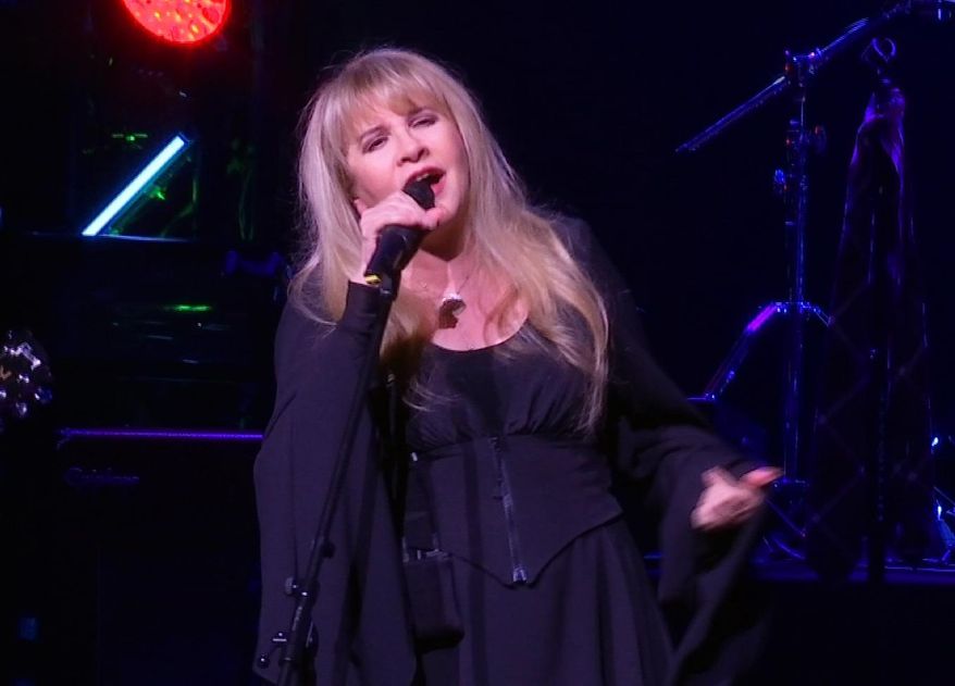 This image made from video shows singer Stevie Nicks singing "Rhiannon" during a surprise performance after the curtain call for the musical "School of Rock," Tuesday, April 26, 2016, in New York. (AP Photo/Bruce Barton)
