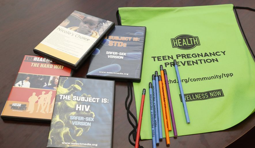 Some of the materials used by the Oklahoma City County Health Department in the Teen Pregnancy Prevention program are on display at the health department in Oklahoma City, Monday, July 21, 2014. (AP Photo/Sue Ogrocki) ** FILE **