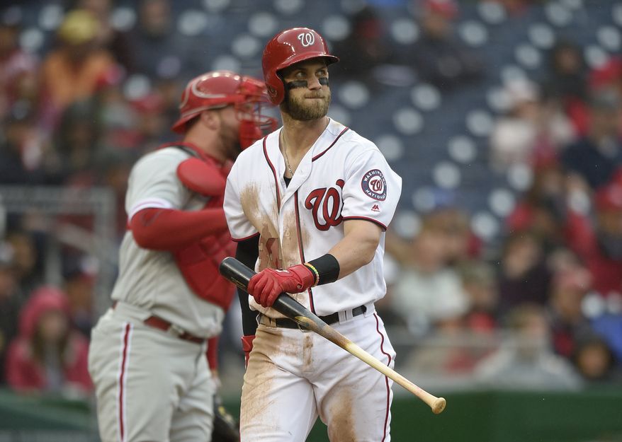 Washington Nationals&#x27; Bryce Harper reacts after he struck out during the fourth inning of a baseball game against the Philadelphia Phillies, Thursday, April 28, 2016, in Washington. The Phillies won 3-0.(AP Photo/Nick Wass)