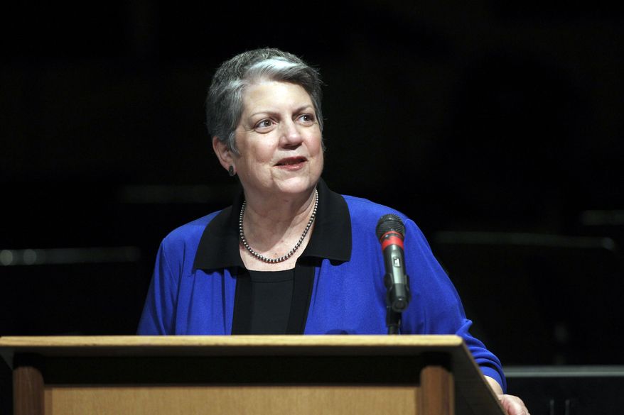 University of California President Janet Napolitano speaks April 29, 2016, at Shasta College in Redding, Calif. She was invited by the Shasta College and McConnell Foundations to talk about plans to add more than 10,000 California students to the UC system. (Greg Barnette(/The Record Searchlight via AP) **FILE**