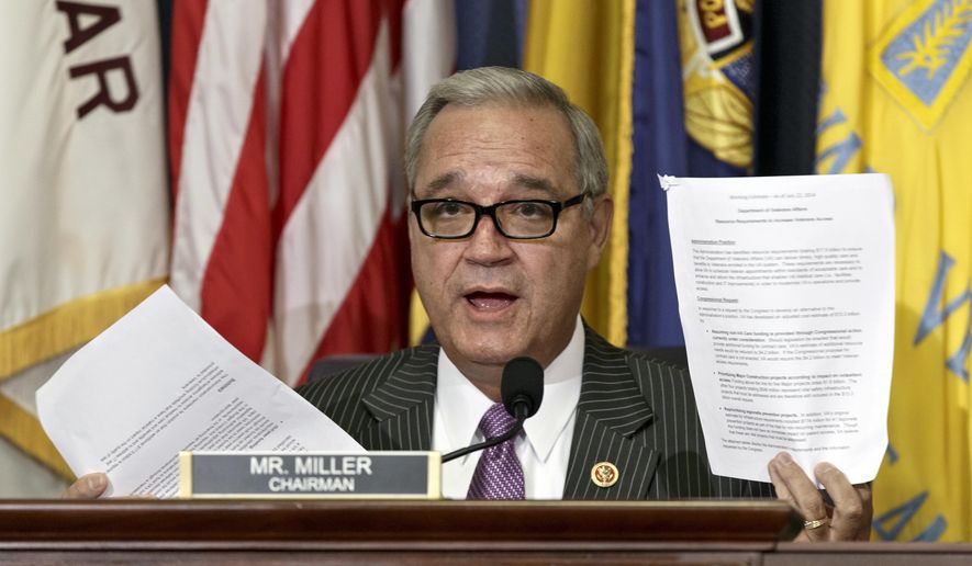 In this July 24, 2014, file photo, House Veterans Affairs Committee Chairman Jeff Miller, R-Fla., holds up two pages of resource requests from the Department of Veterans Affairs on Capitol Hill in Washington. Congressional Republicans are beginning to accept, and even embrace, an outcome that was once unthinkable: Donald Trump as the GOP presidential nominee. On April 29, 2016, Trump picked up an endorsement from Miller. (AP Photo/File)