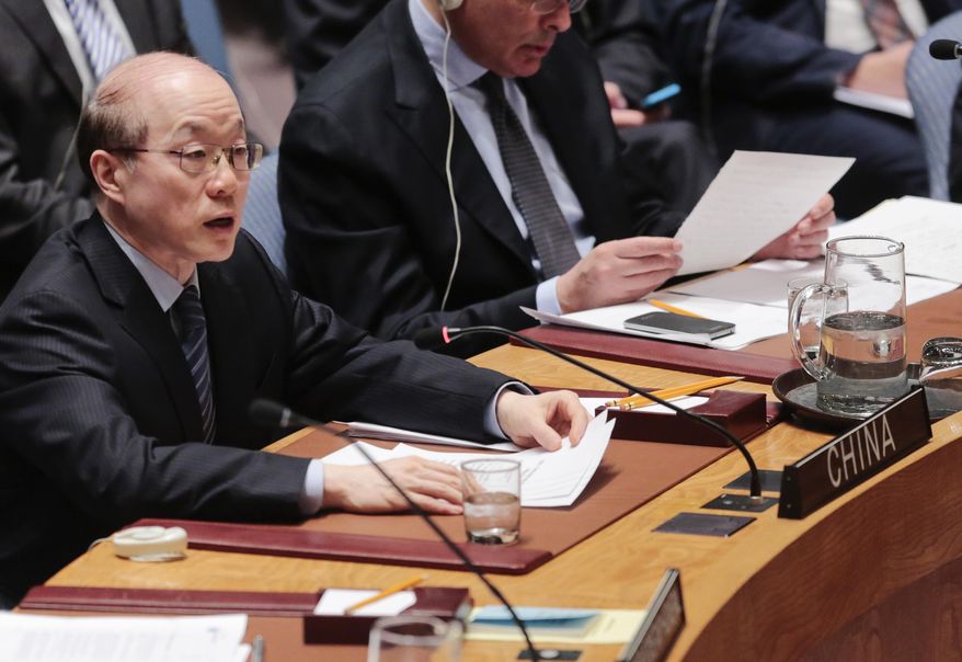 FILE - In this March 2, 2016 file photo, Chinese ambassador to the United Nations Liu Jieyi, speaks during a Security Council meeting at United Nations headquarters. Liu says a North Korea proposal under which Pyongyang would halt its nuclear program if the U.S. and South Korea suspend joint military exercises merits consideration. "I think anything, anything, any proposal, no matter where the proposal comes from, so long it is conducive to a negotiated solution that will contribute to denuclearization to peace and stability on the Korean peninsula should be studied very carefully," Liu said Friday, April 29, 2016. (AP Photo/Bebeto Matthews, File)