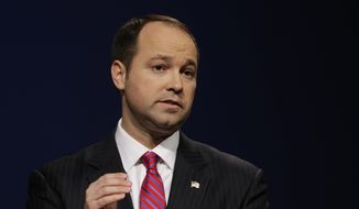 Indiana Republican candidate for U.S. Senate Marlin Stutzman speaks during a debate with opponent Todd Young in Indianapolis, in this April 18, 2016, file photo. Stutzman, has railed against out-of-control government spending paid his brother-in-law nearly $170,000 to manage the finances of his congressional campaign, despite no experience rounding up political donations. (AP Photo/Michael Conroy, File)