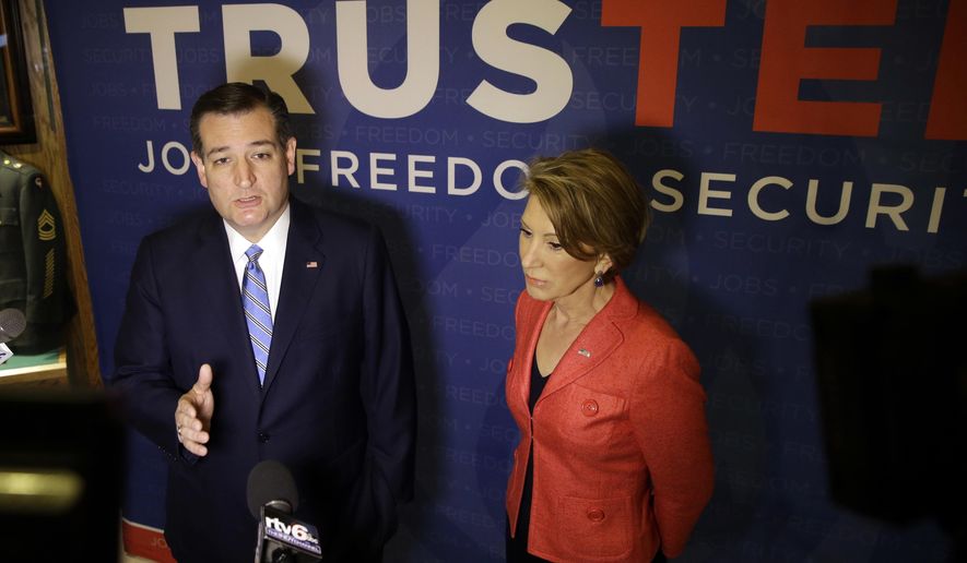 FILE - In this April 29, 2016 file photo Republican presidential candidate, Sen. Ted Cruz, R-Texas, accompanied by vice-presidential candidate Carly Fiorina, speaks during a campaign stop in Indianapolis. When Fiorina speaks to the California Republican party convention at a hotel outside San Francisco airport Saturday night it will be a homecoming of sorts for the newly-minted vice presidential candidate. Fiorina grew up in the Bay Area and became chief executive officer of Hewlett Packard there before plunging into politics with an unsuccessful run against Democratic Sen. Barbara Boxer in 2010. (AP Photo/Darron Cummings, File)