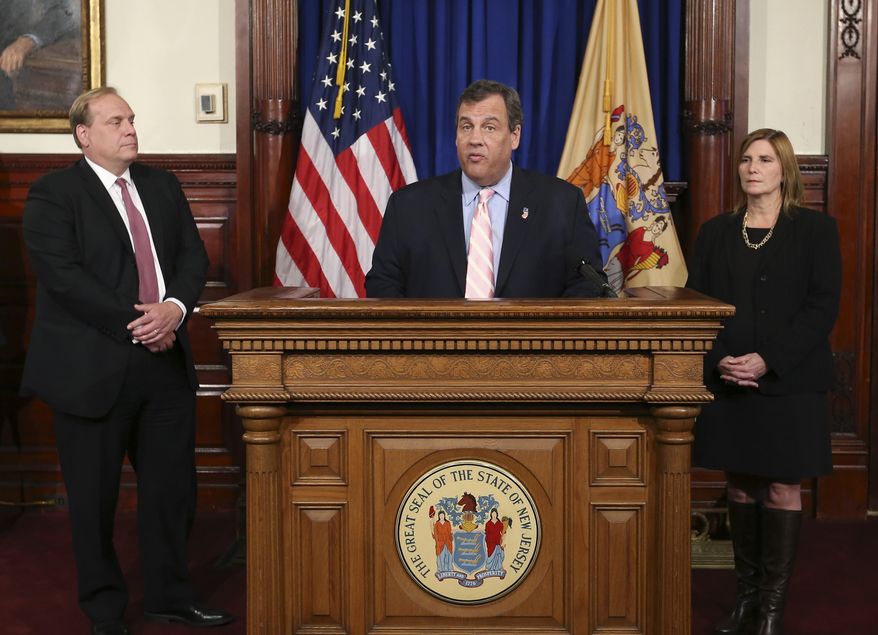 New Jersey Department of Education commissioner David C. Hespe, left, and acting health commissioner Cathleen Bennett, right, listen as New Jersey Gov. Chris Christie, center, announces that he will require all of the state's schools to test for lead in water starting next school year, Monday, May 2, 2016, in Trenton, N.J. (AP Photo/Mel Evans)