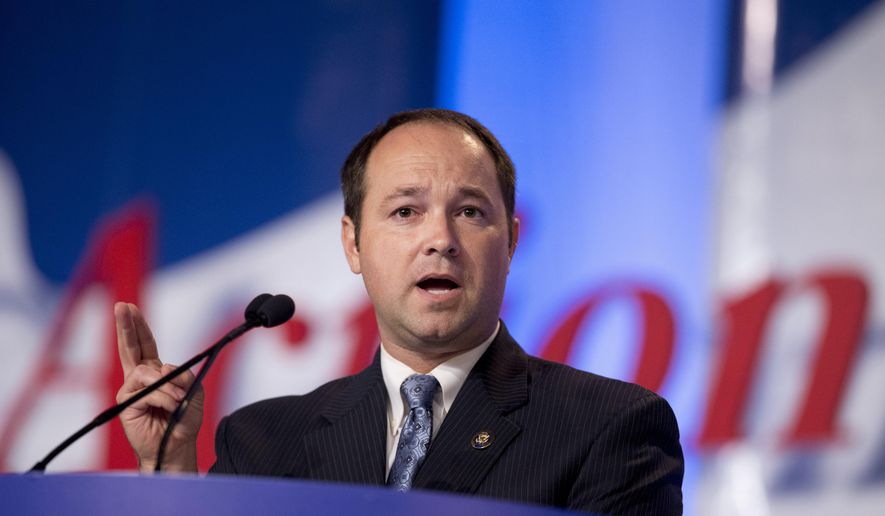 FILE - In this Sept. 26, 2014, file photo, U.S. Rep. Marlin Stutzman, R-Ind. speaks in Washington. Stutzman faces Rep. Todd Young in the primary for a U.S. Senate seat. (AP Photo/Manuel Balce Ceneta, File)