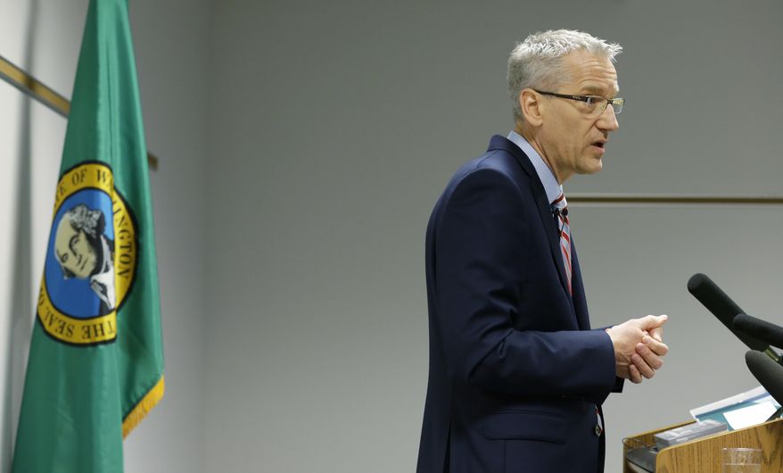 Washington State Secretary of Health John Wiesman speaks during a press conference, Monday, May 2, 2016, in Tumwater, Wash. Gov. Jay Inslee ordered a series of measures Monday that seek to reduce lead exposure in the state including a review of an unenforced and unfunded rule requiring the testing of school drinking water for lead. (AP Photo/Ted S. Warren)