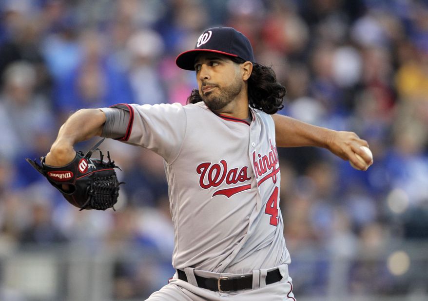 Washington Nationals pitcher Gio Gonzalez throws in the first inning of a baseball game against the Kansas City Royals at Kauffman Stadium in Kansas City, Mo., Monday, May 2, 2016. (AP Photo/Colin E. Braley)