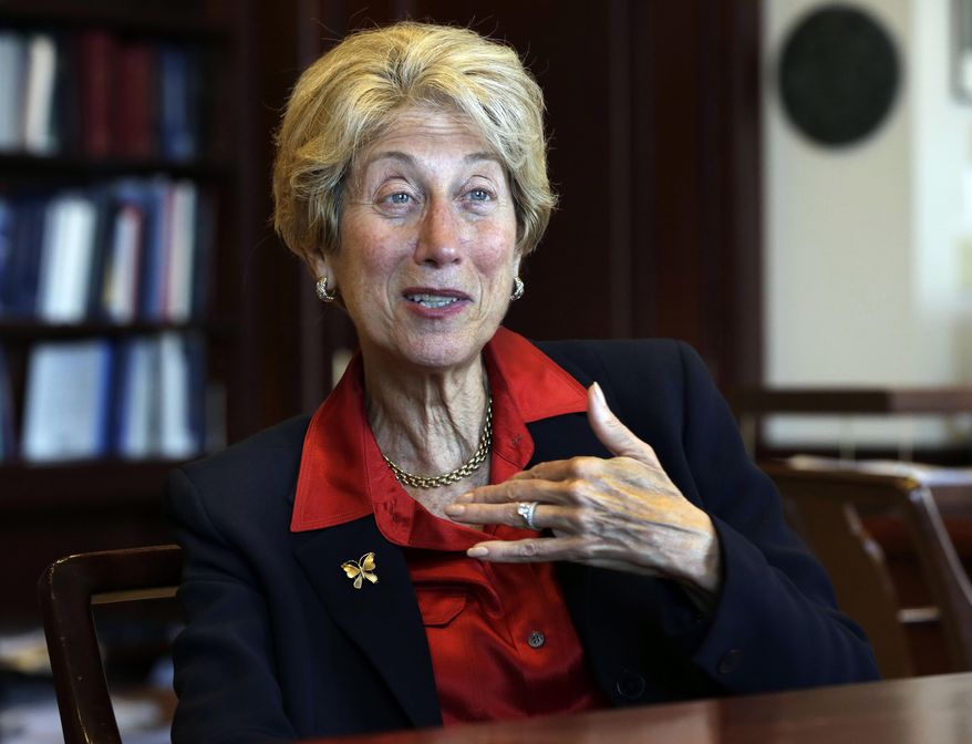 FILE - In this Friday, May 17, 2013, file photo, U.S. District Court Judge Shira Scheindlin is interviewed in her federal court chambers in New York. Scheindlin, the judge who played a pivotal role in changing police stop-and-frisk practices in New York City is leaving the bench for private practice. Tossing the gavel aside, Scheindlin is speaking out, declaring victory over critics in the battle over police stop-and-frisk tactics and telling why she thinks the government spoiled its chance at conviction in the trials of John "Junior" Gotti. (AP Photo/Richard Drew, File)