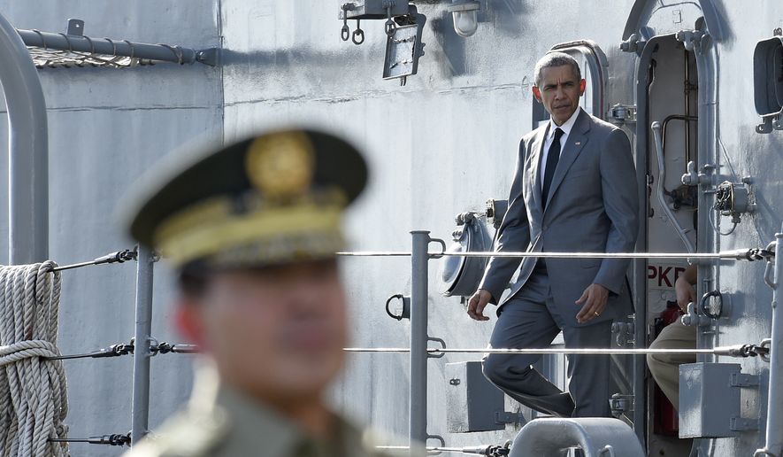 U.S. President Barack Obama tours the BRP Gregorio del Pilar ship in Manila, Philippines, Tuesday, Nov. 17, 2015. The BRP Gregorio del Pilar is an advanced Philippine Navy frigate once owned by the United States. While in Manila, Obama will attend the Asia-Pacific Economic Cooperation summit with nearly two dozen other leaders. (AP Photo/Susan Walsh)