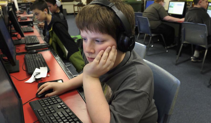 In this April 5, 2016 photo, Brady Epping, a seventh-grader at Quincy Junior High School in Quincy, Ill., works on a project during a once-a-week after-school coding club session. There are about 25 students in the club being introduced to programming skills. (Steve Bohnstedt)/The Quincy Herald-Whig via AP) MANDATORY CREDIT