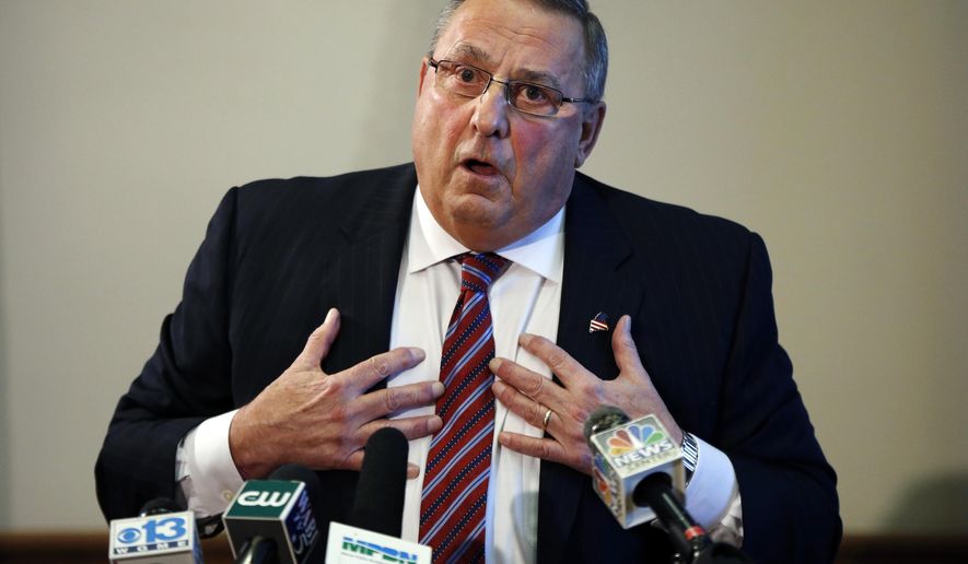 FILE - In this Jan. 8, 2016 file photo, Maine Gov. Paul LePage speaks at a news conference at the State House, in Augusta, Maine. A federal judge on Tuesday, May 3, 2016, dismissed a lawsuit accusing LePage of using blackmail to force a charter school operator to rescind a job offer to a political opponent in a flap that roiled the Legislature and led to an impeachment effort. (AP Photo/Robert F. Bukaty, File)