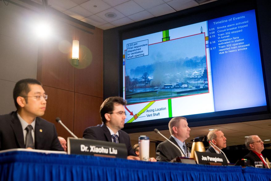 A photograph of smoke is displayed as members of a safety oversight group deliver a presentation on the probable cause of the Jan. 12, 2015 Washington Metropolitan Area Transit Authority Metrorail accident near the L'Enfant Plaza during a National Transportation Safety Board meeting in Washington, Tuesday, May 3, 2016. (AP Photo/Andrew Harnik)