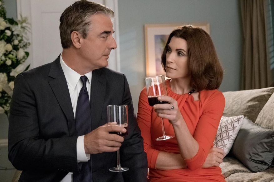 In this image released by CBS, Chris Noth portrays Peter Florrick, left, and Julianna Margulies portrays Alicia Florrick in a scene from "The Good Wife." After seven seasons, CBS will air the series finale on Sunday. (Jeff Neumann/CBS via AP)
