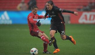 30 April 2016: Chicago Fire midfielder Michael Stephens (26) attempts to stop D.C. United midfielder Jared Jeffrey (25) during a game between D.C. United and the Chicago Fire at Toyota Park in Bridgeview, IL. (Photo by Patrick Gorski/Icon Sportswire) (Icon Sportswire via AP Images)