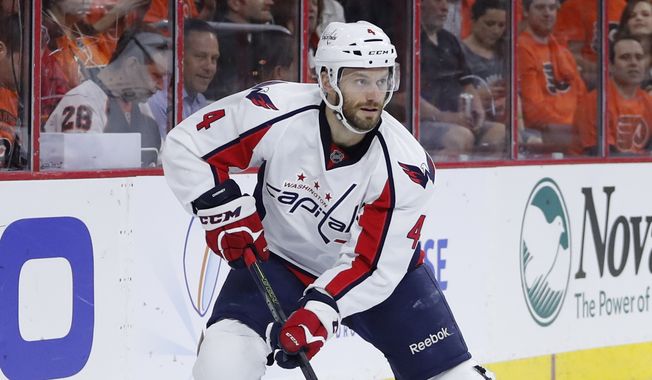 Washington Capitals&#x27; Taylor Chorney in action during Game 4 in the first round of the NHL Stanley Cup hockey playoffs against the Philadelphia Flyers, Wednesday, April 20, 2016, in Philadelphia. (AP Photo/Matt Slocum)