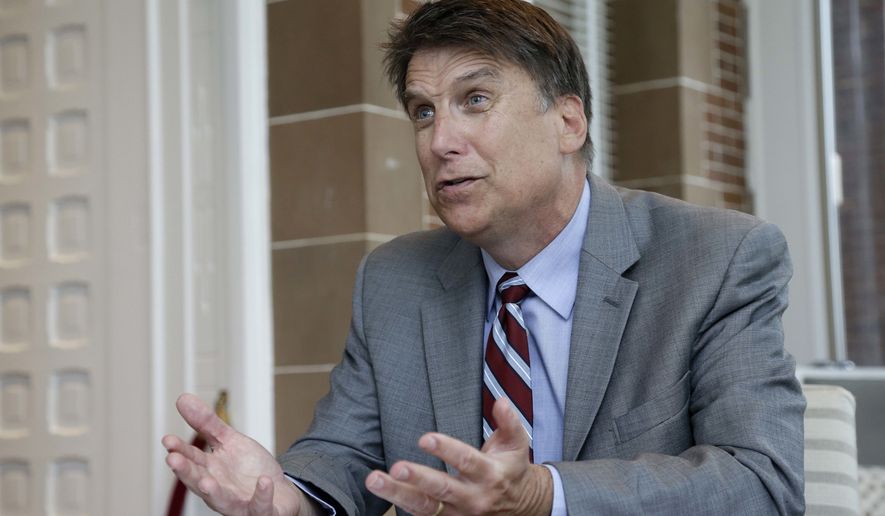 Answering questions about the law in March, North Carolina Gov. Pat McCrory said HB2 does not violate Title IX or put federal education dollars at risk. He cited a court ruling on a similar issue. (Associated Press)