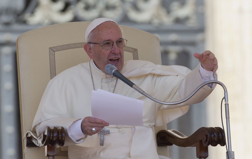 Pope Francis delivers his speech during his weekly general audience, in St. Peter's Square, at the Vatican, Wednesday, May 4, 2016. (AP Photo/Andrew Medichini)