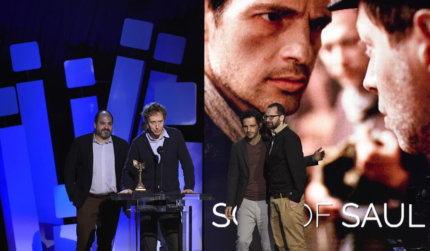 File - In this Saturday, Feb. 27, 2016 file photo, Laszlo Nemes accepts the award for best international film for "Son of Saul" at the Film Independent Spirit Awards in Santa Monica, Calif. Israel’s Yad Vashem Holocaust memorial kicks off its annual remembrance ceremonies with a special screening of the Oscar-winning film "Son of Saul," acknowledging the unique role movies play in maintaining the memory of the Holocaust. (Photo by Chris Pizzello/Invision/AP, File)