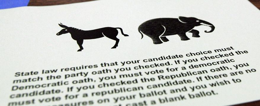 FILE - In this Feb. 19, 2008 file photo, instructions for voters to declare a party affiliation are posted at a polling place in Seattle on Washington state's 2008 presidential primary day. With the back-to-back news that Ted Cruz and John Kasich were dropping out of the 2016 Republican presidential contest, Washington state's presidential primary scheduled for May 24, 2016, may prove less relevant as Donald Trump is the Republican Party's presumptive presidential nominee. (AP Photo/Elaine Thompson, File)
