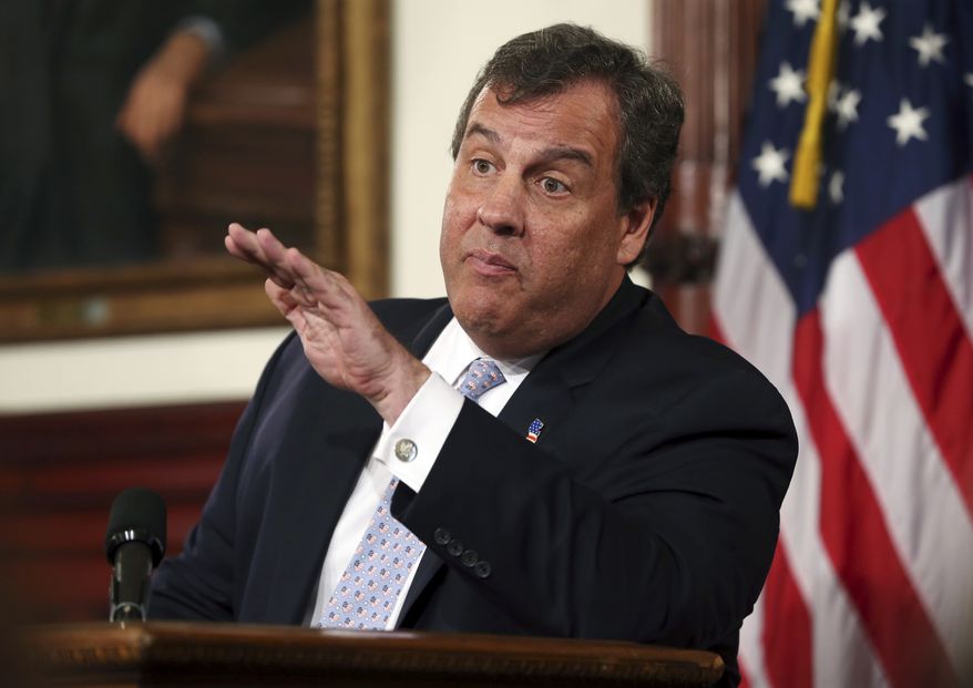 New Jersey Gov. Chris Christie answers a question as he addresses the media after New Jersey Assembly Speaker Vincent Prieto, D-Secaucus, N.J., canceled an Assembly session after he lost some member's votes on his Atlantic City takeover bill Thursday, May 5, 2016, in Trenton, N.J. (AP Photo/Mel Evans) ** FILE **