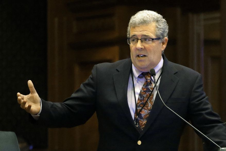 FILE - In this May 15, 2014 file photo, then Illinois state Rep. Frank Mautino, D-Spring Valley, speaks at the state Capitol in Springfield. A group of Republican lawmakers is demanding that Mautino, now the state's auditor general, explain spending by his campaign committee while he was a state representative. (AP Photo/Seth Perlman, File)